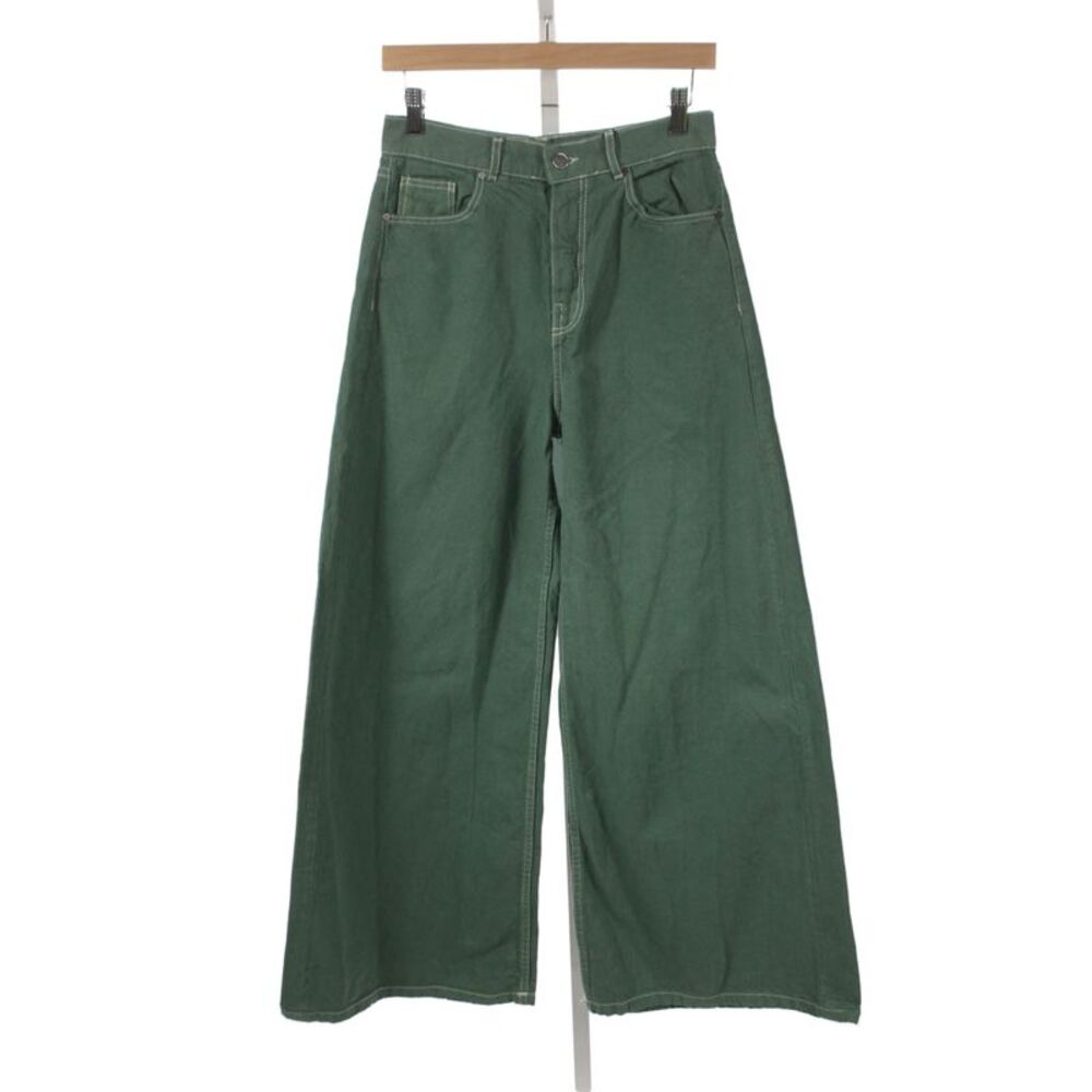 Trf Collection Zara Womens Wide Leg Green Cotton Jeans Button Size 40